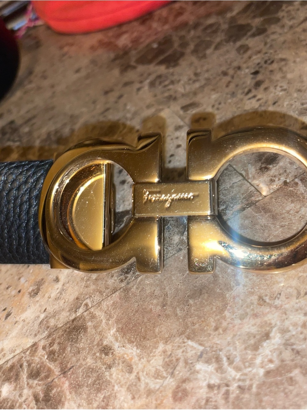 Salvatore Ferragamo Black Leather Belt with Gold Double Gancini Buckle